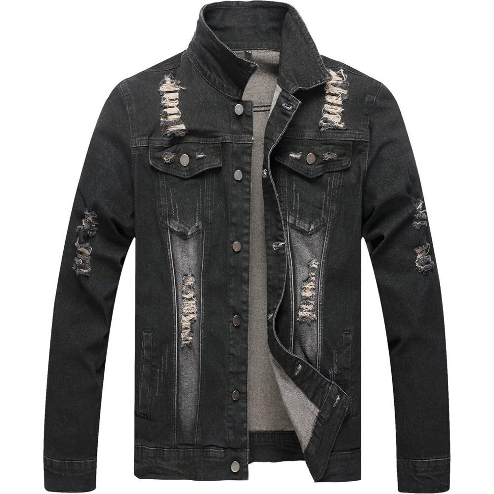 Men's Jean Jacket Distressed Slim Denim Jacket Long Sleeve Button Down Black7013 - Picture 1 of 9